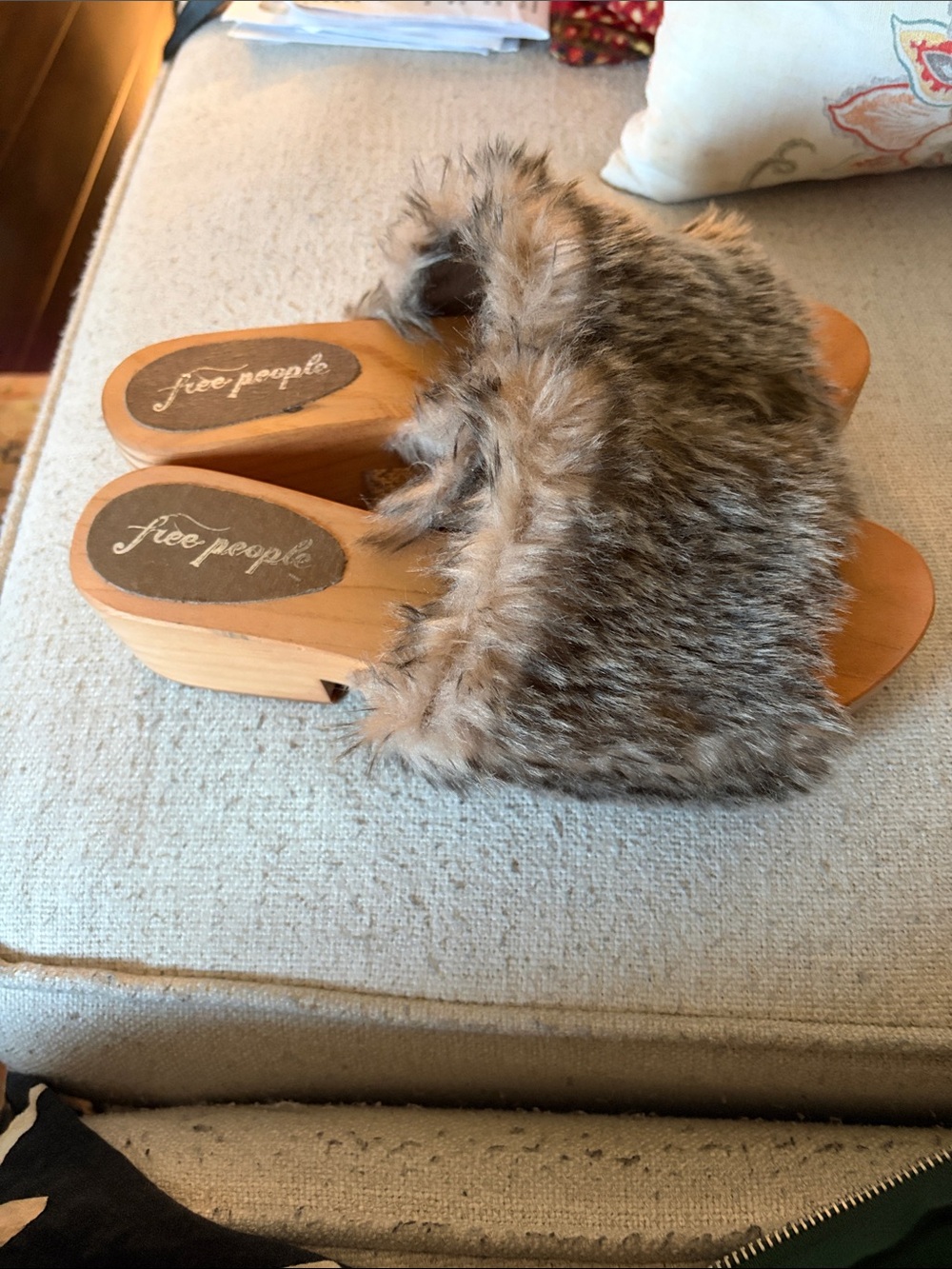 Free People Faux Fur Wood-Look Platform Mules in Brown NWOB